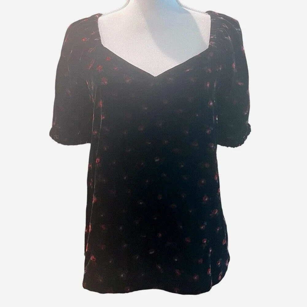 LOFT Floral Velvet Puff Sleeve Top Black & Red Sweetheart Neckline Women's Small